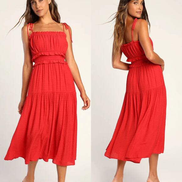 Lulus Strolling Santorini Red Tiered Smocked Tie-Strap Midi Dress - Picture 1 of 9